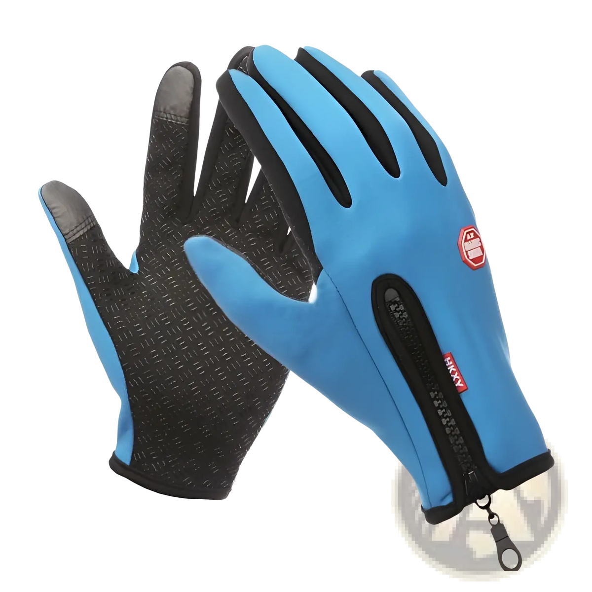Women’s winter cycling touchscreen gloves in blue and black with zipper on wrist showing back side of gloves
