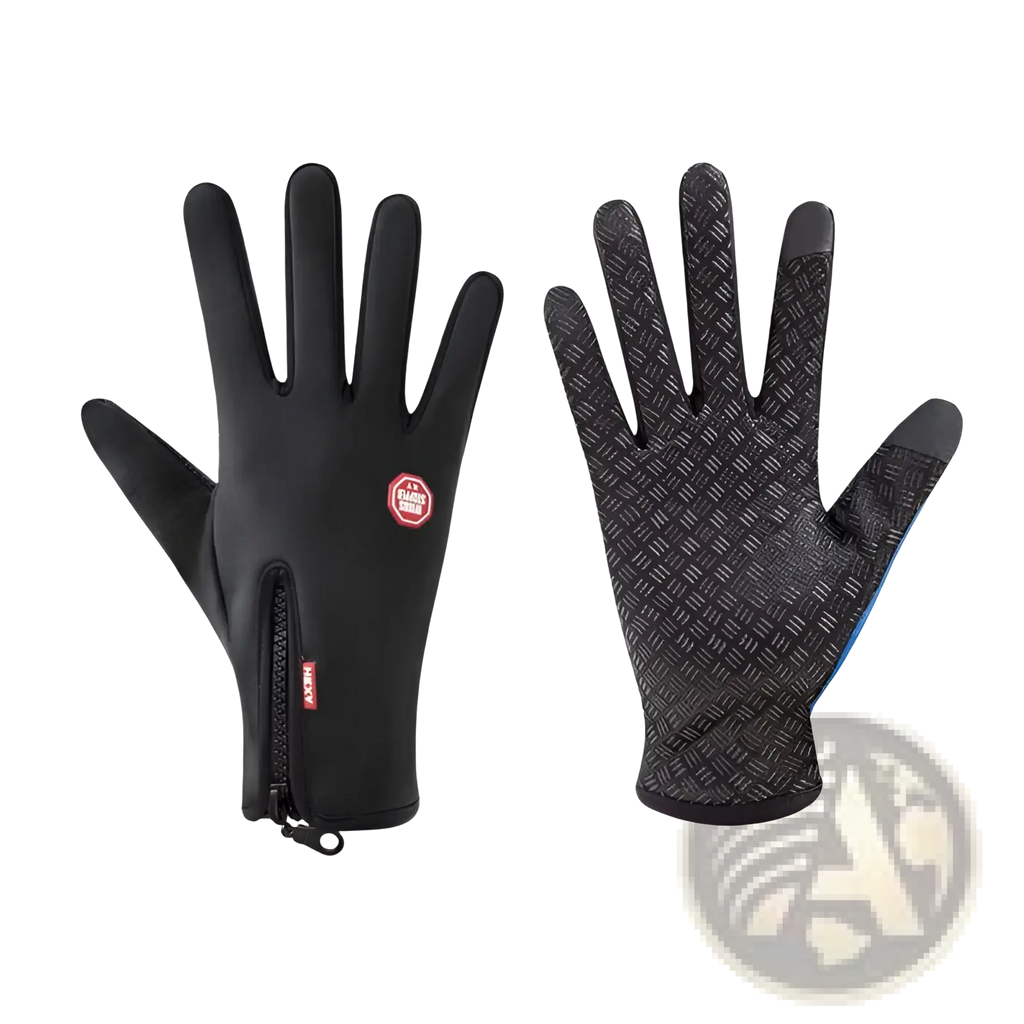 Women’s winter cycling touchscreen gloves in black with textured diamond-pattern palm and zippered cuff for secure fit