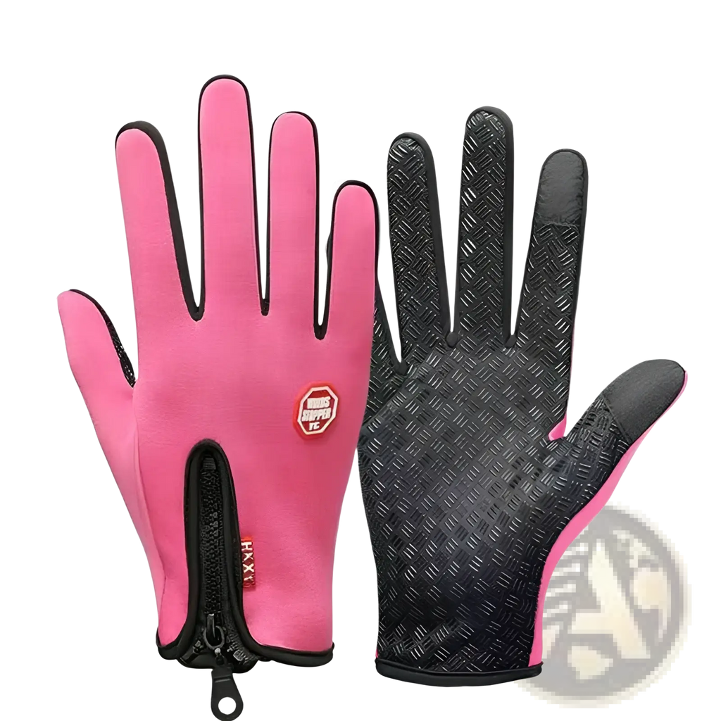 Women’s winter cycling touchscreen gloves in pink and black with textured grip on the palm for enhanced control