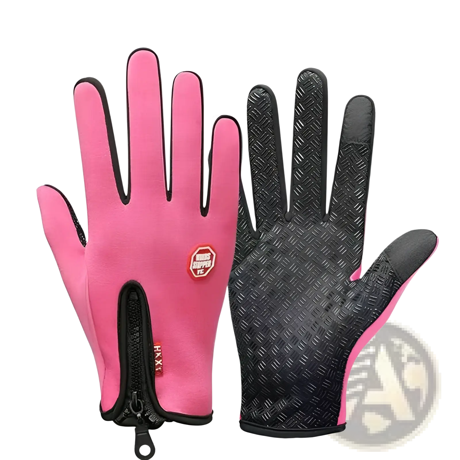 Women’s winter cycling touchscreen gloves in pink and black with textured grip on the palm for enhanced control