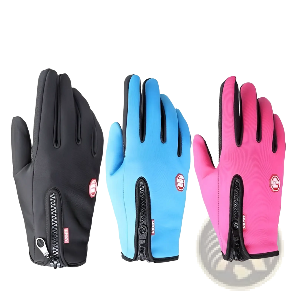 Three pairs of women’s winter cycling touchscreen gloves in black blue and pink plush waterproof with zipper cuffs
