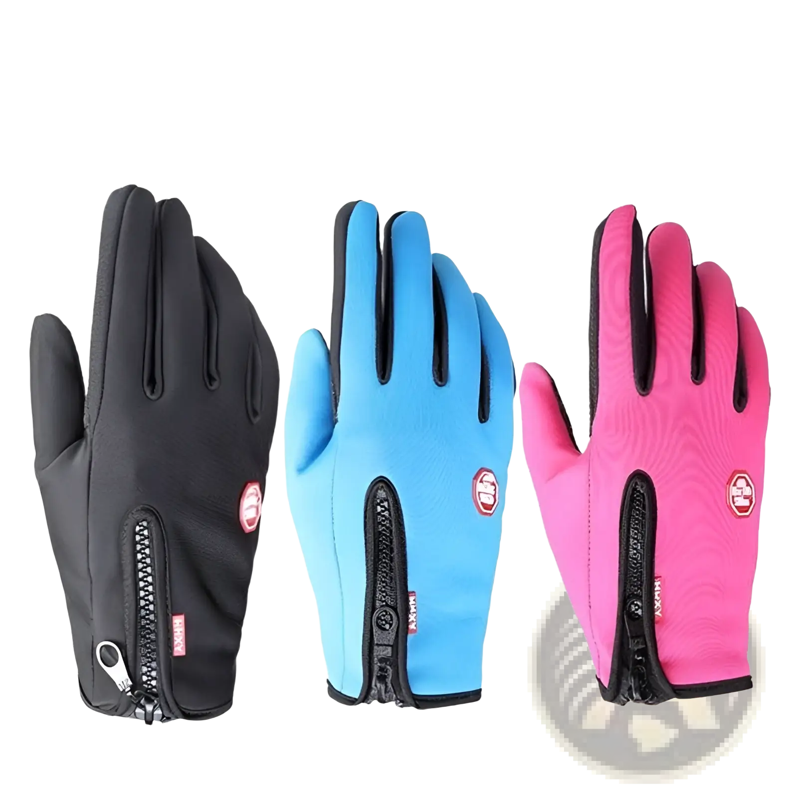 Three pairs of women’s winter cycling touchscreen gloves in black blue and pink plush waterproof with zipper cuffs