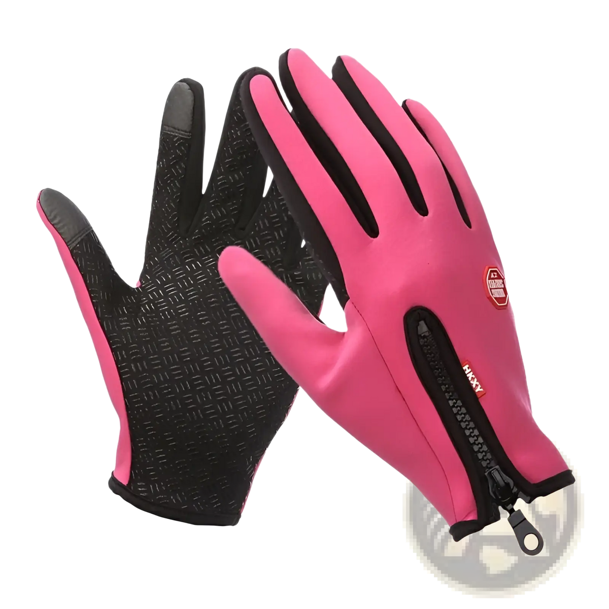 Women’s winter cycling touchscreen gloves in pink and black with textured grip and zipper pocket on the back of the hand