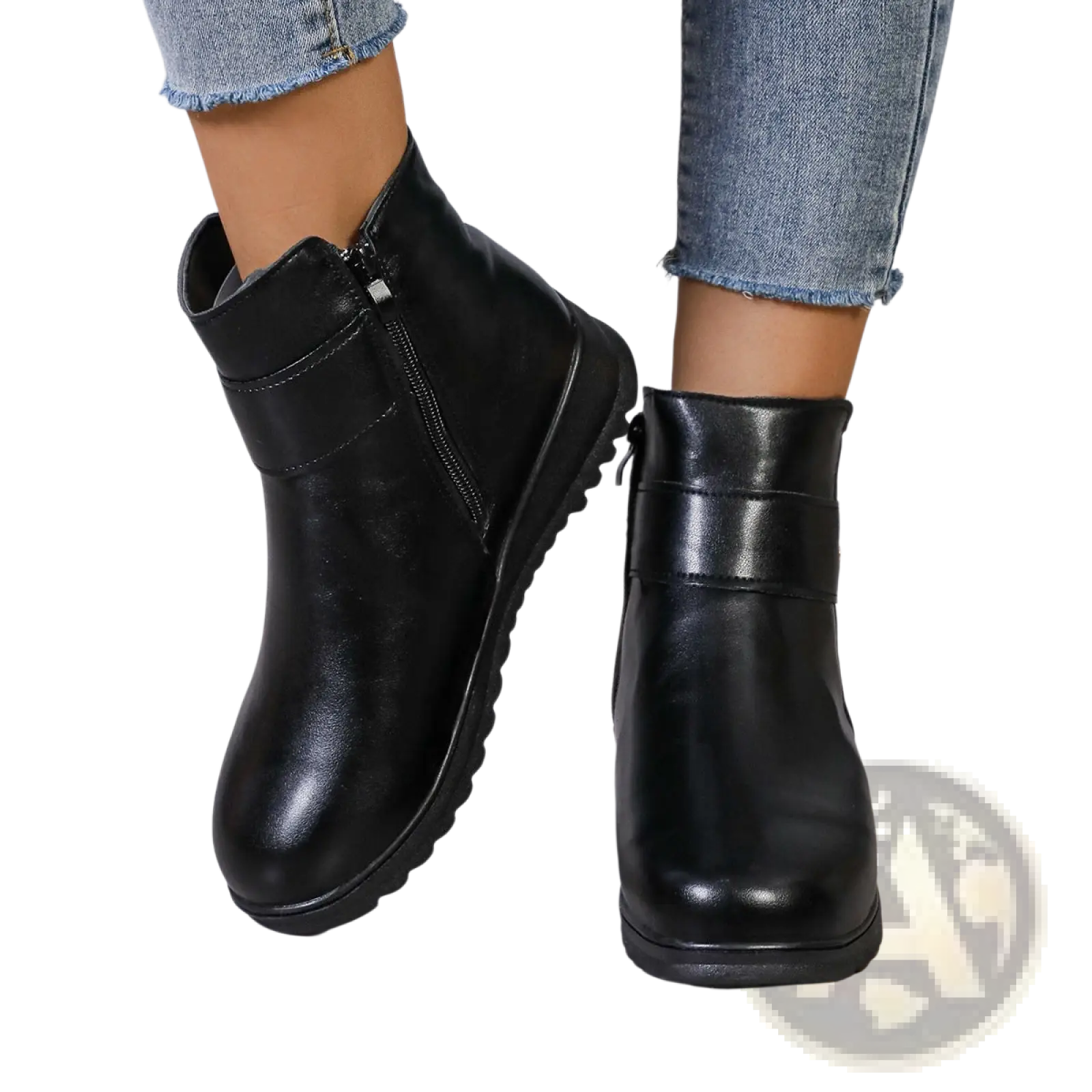 Black leather women’s winter fleece ankle boots with inner side zipper and thick textured sole for cold weather