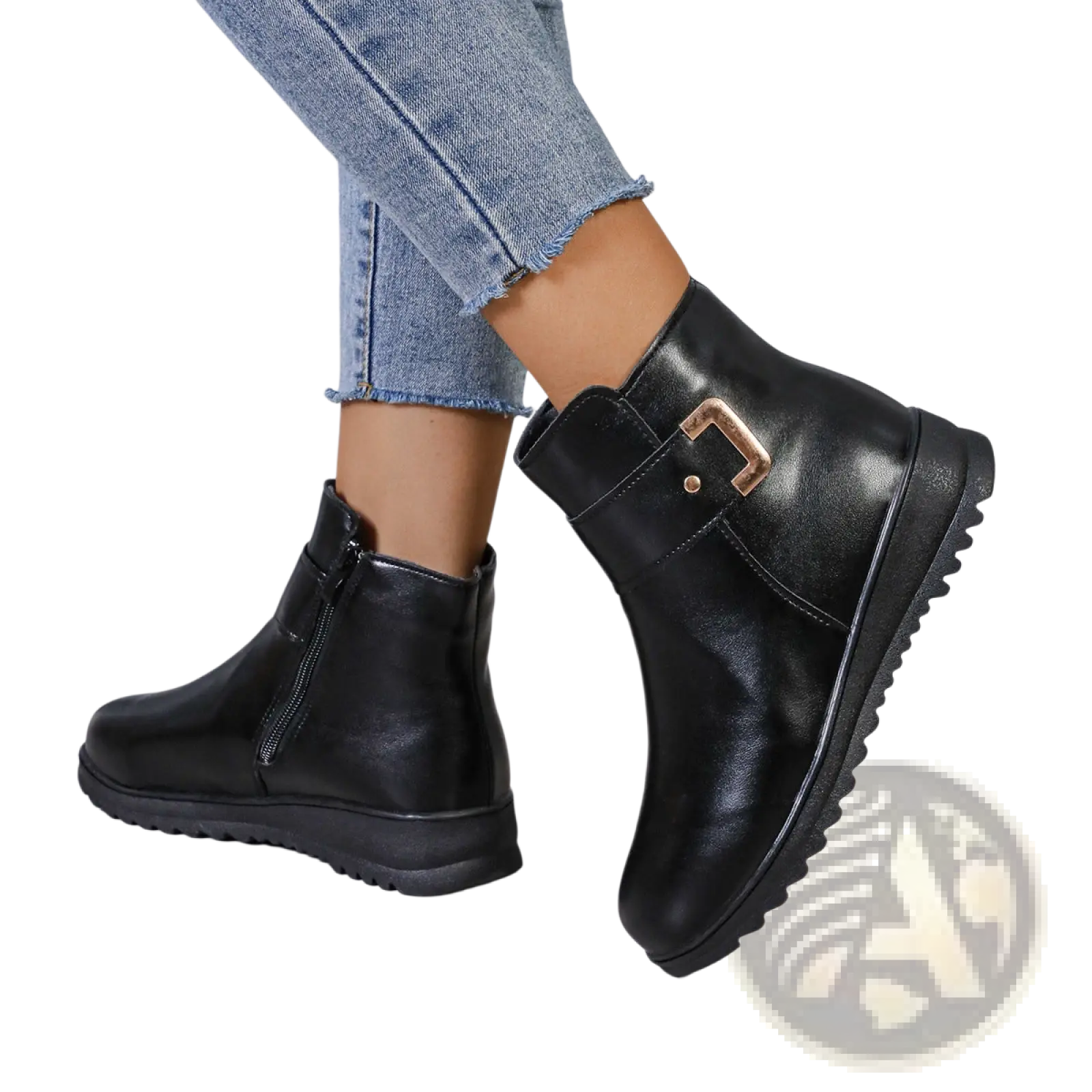 Black leather women’s winter fleece ankle boots with gold-tone buckle and zipper closure