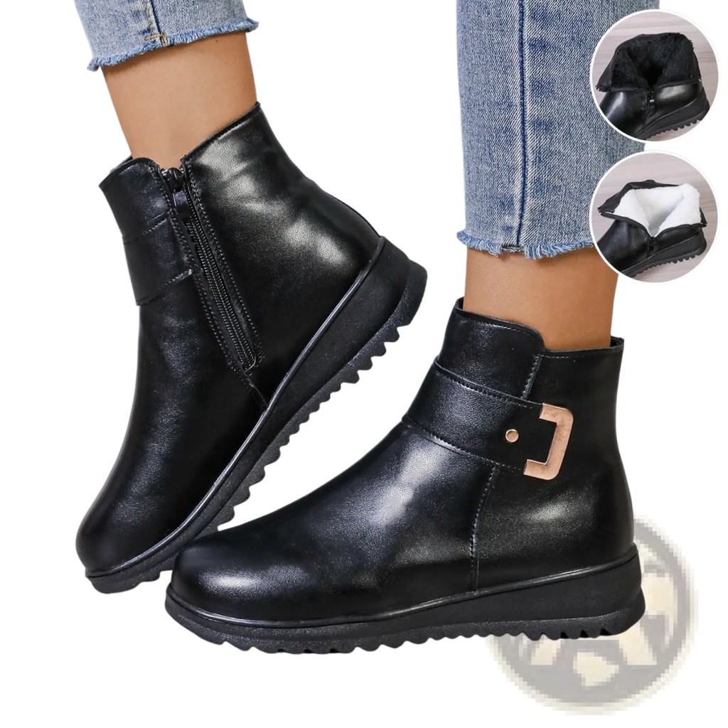 Black leather women’s winter fleece ankle boots with gold buckle zipper and thick rubber sole for traction