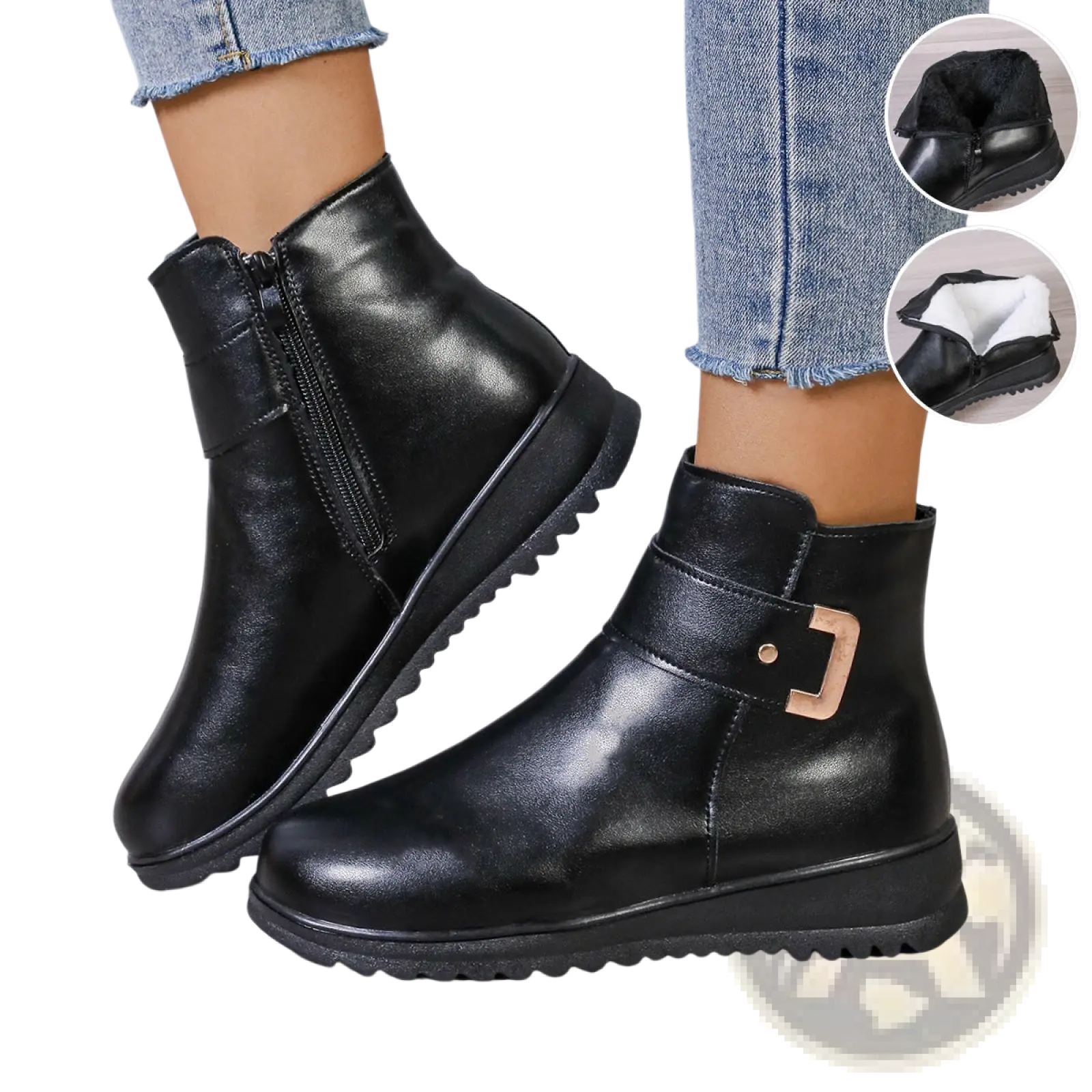 Black leather women’s winter fleece ankle boots with gold buckle zipper and thick rubber sole for traction