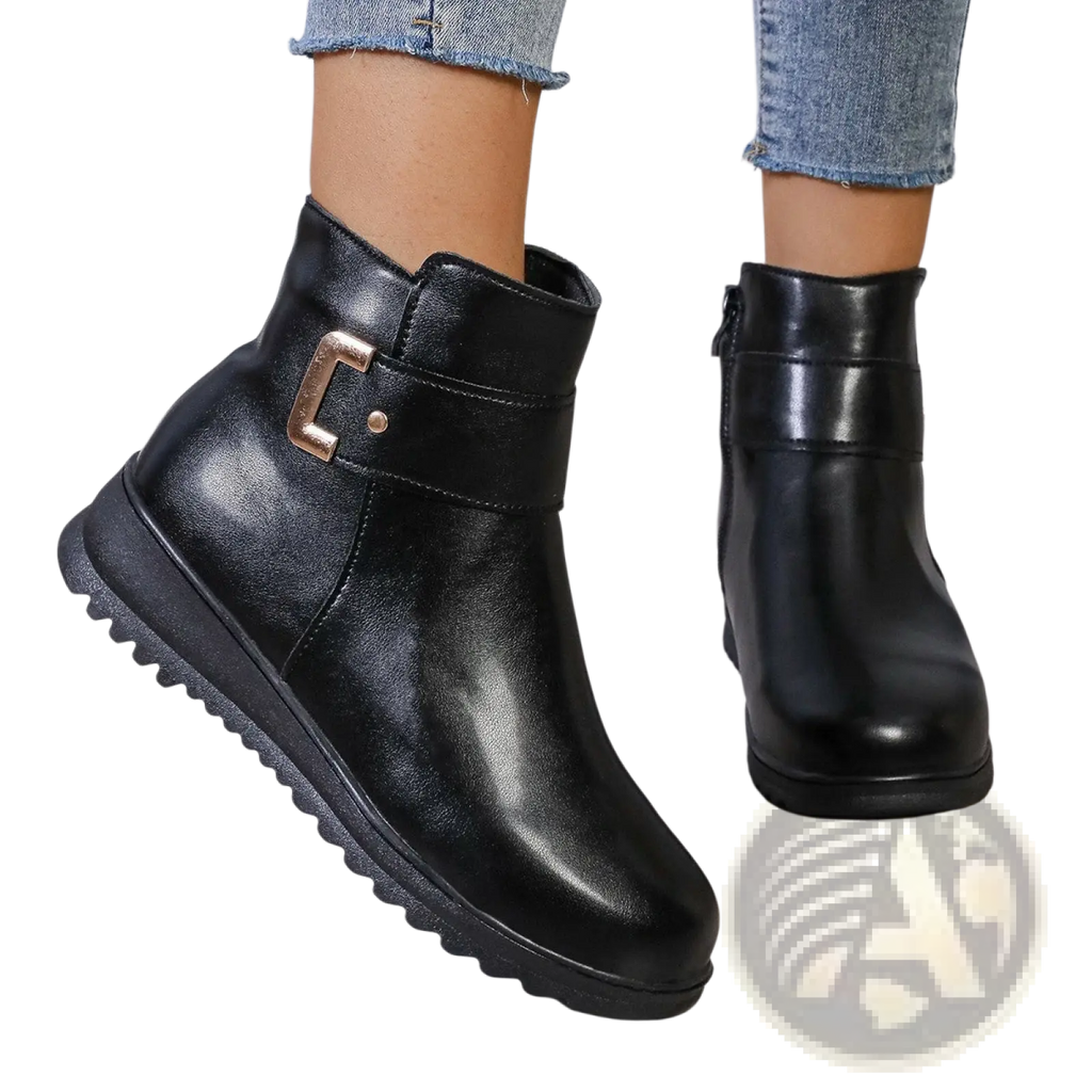 Black leather women’s winter fleece ankle boots with gold-tone buckle zipper and textured rubber sole