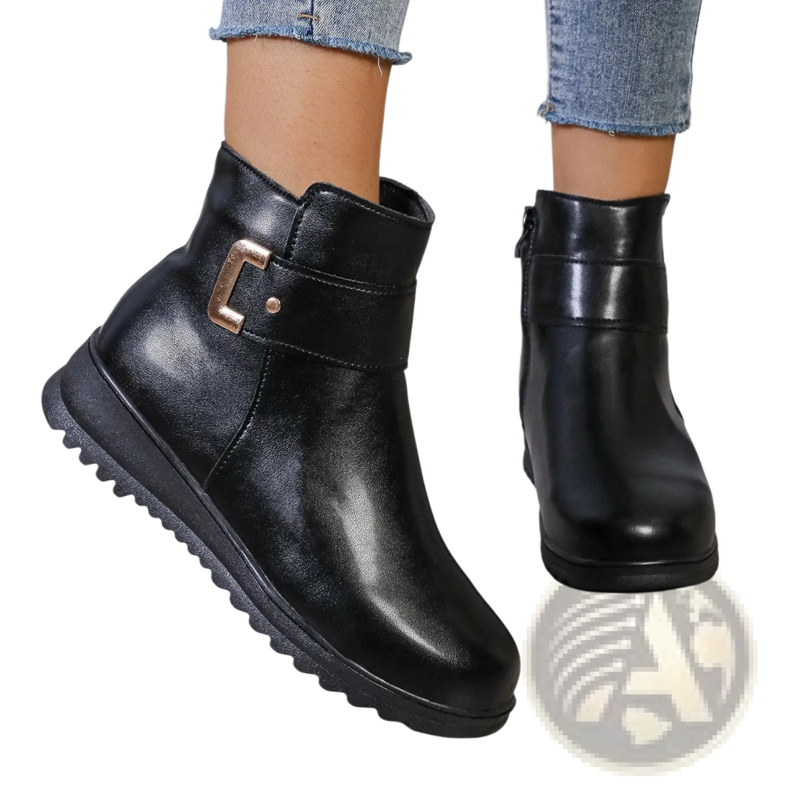 Black leather women’s winter fleece ankle boots with gold-tone buckle zipper and textured rubber sole