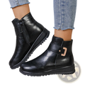 Black leather women’s winter fleece ankle boots with gold-tone buckle and textured rubber sole for cold weather use