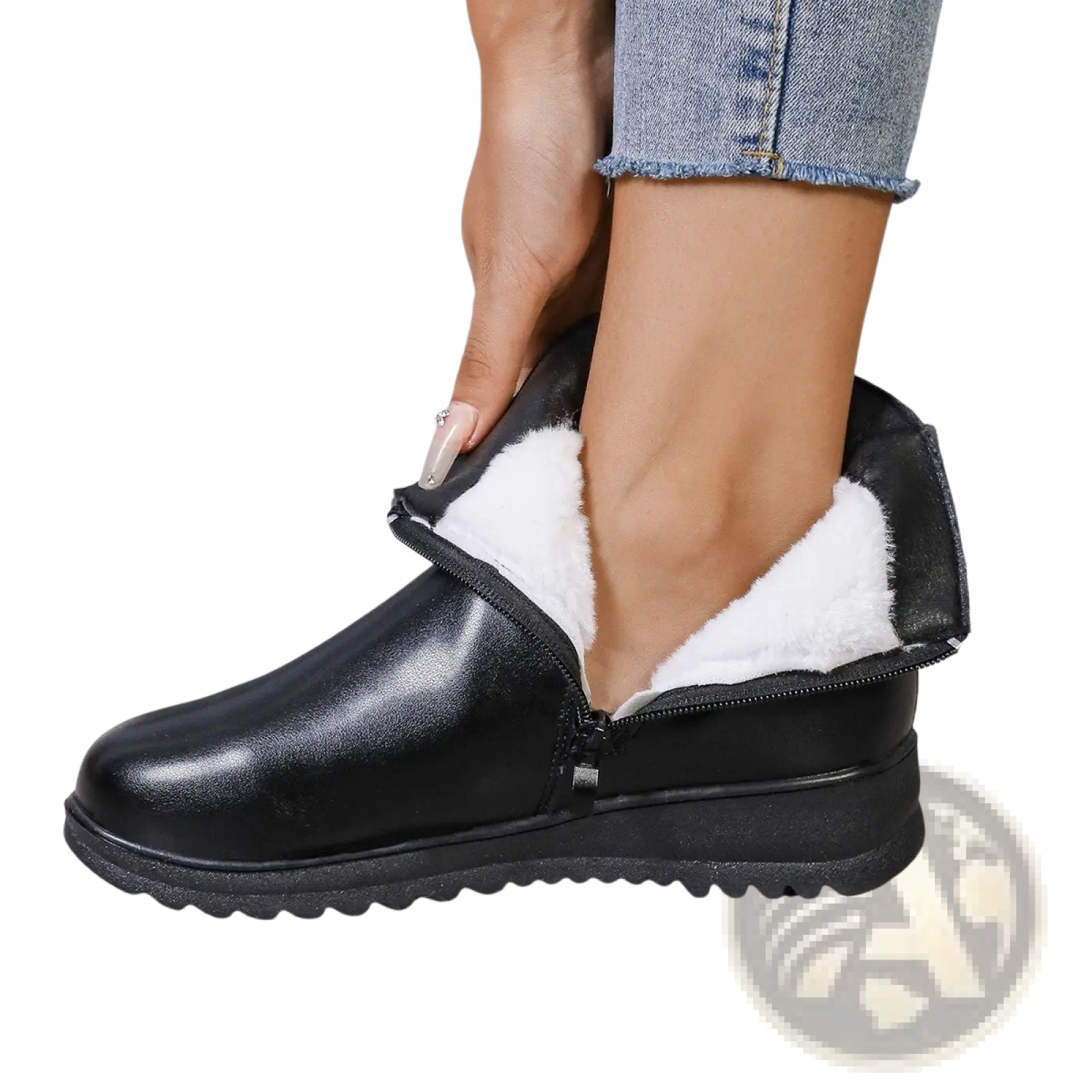 Women’s winter fleece ankle boots in black leather with white faux fur lining and side zipper for cold weather use