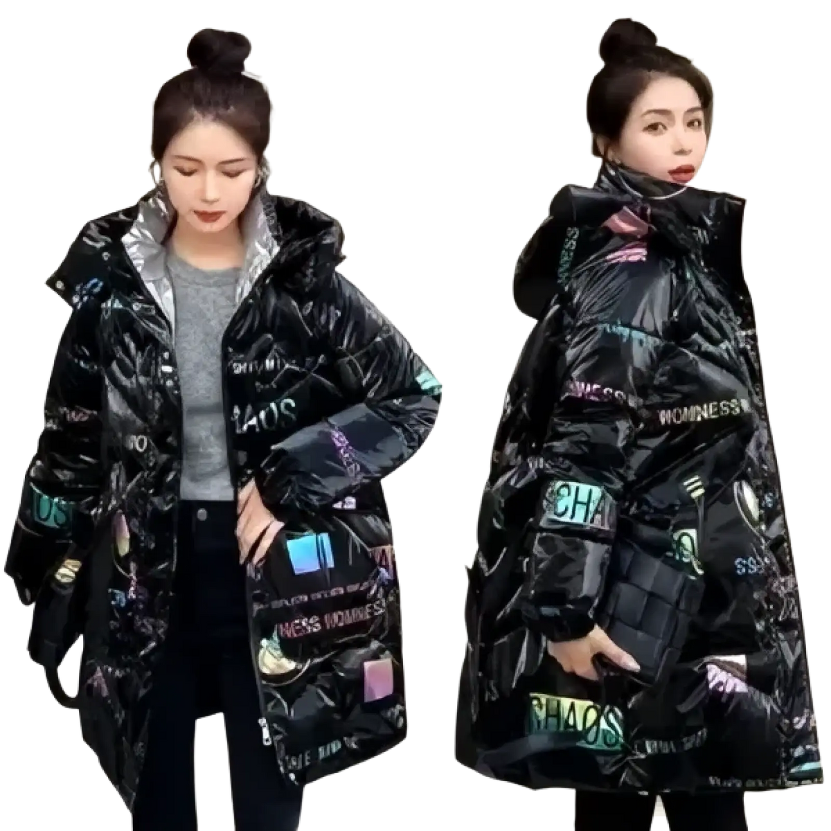 Black women’s winter parka with thick cotton padding and glossy graphic print featuring colorful text and illustrations