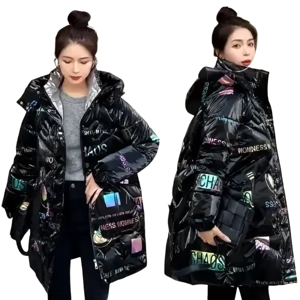 Black women’s winter parka with thick cotton padding and glossy graphic print featuring colorful text and illustrations