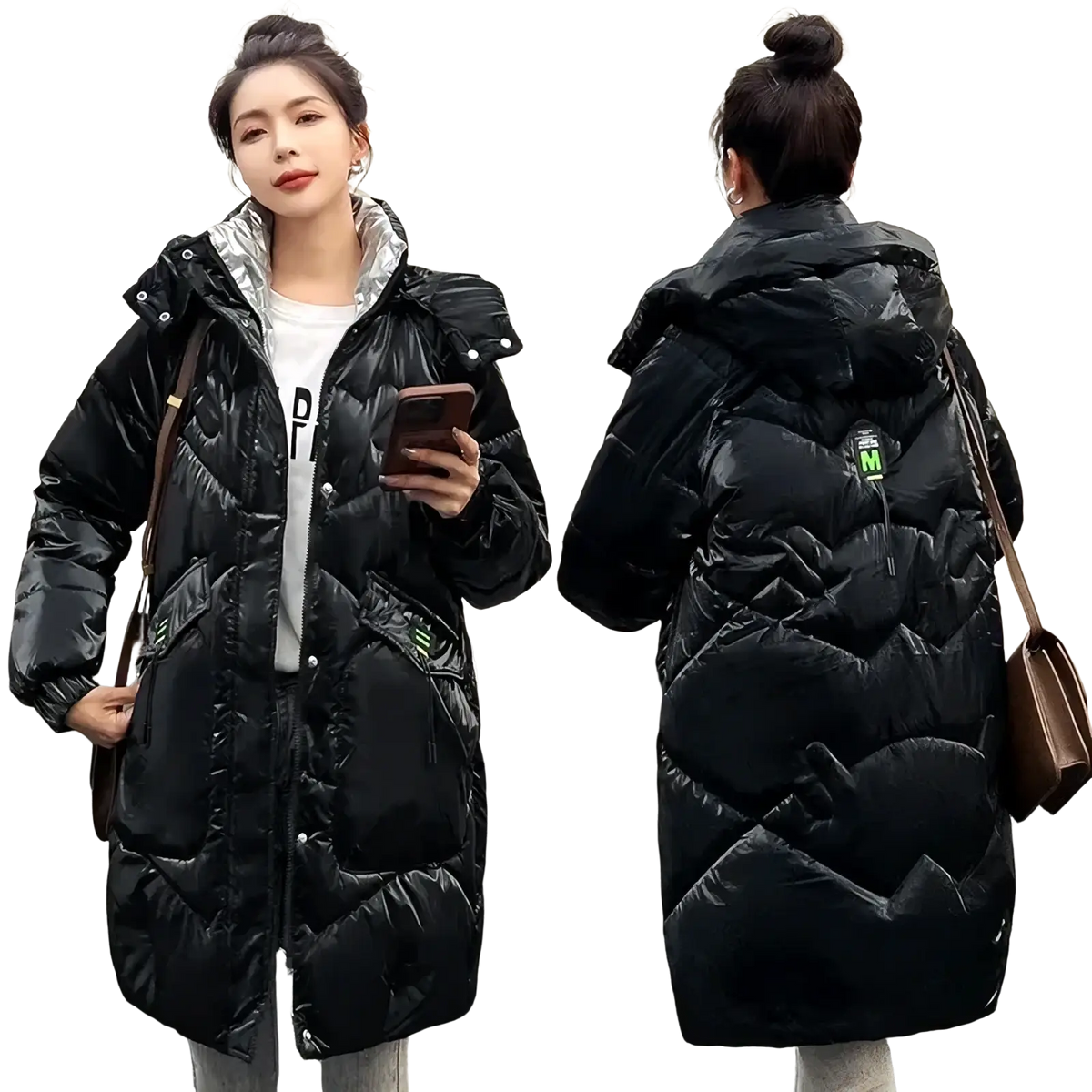 Women’s winter parka black quilted puffer coat with thick cotton padding and shiny silver-lined hood with front pockets