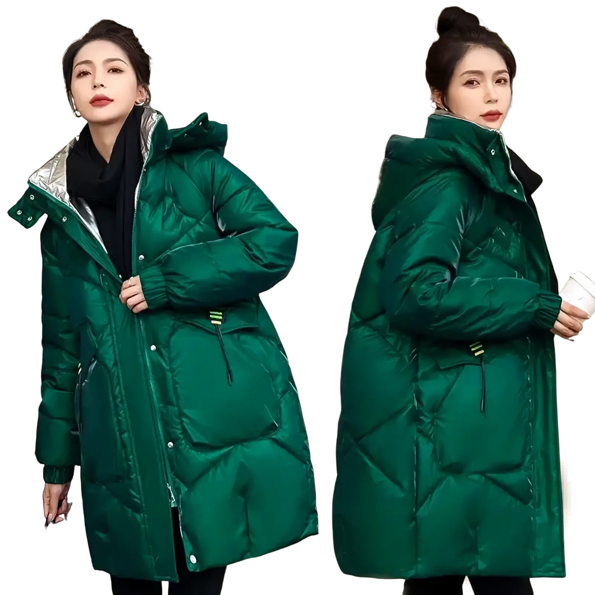 Women’s winter parka thick cotton padded coat emerald green quilted puffer with shiny silver-lined hood and black lining