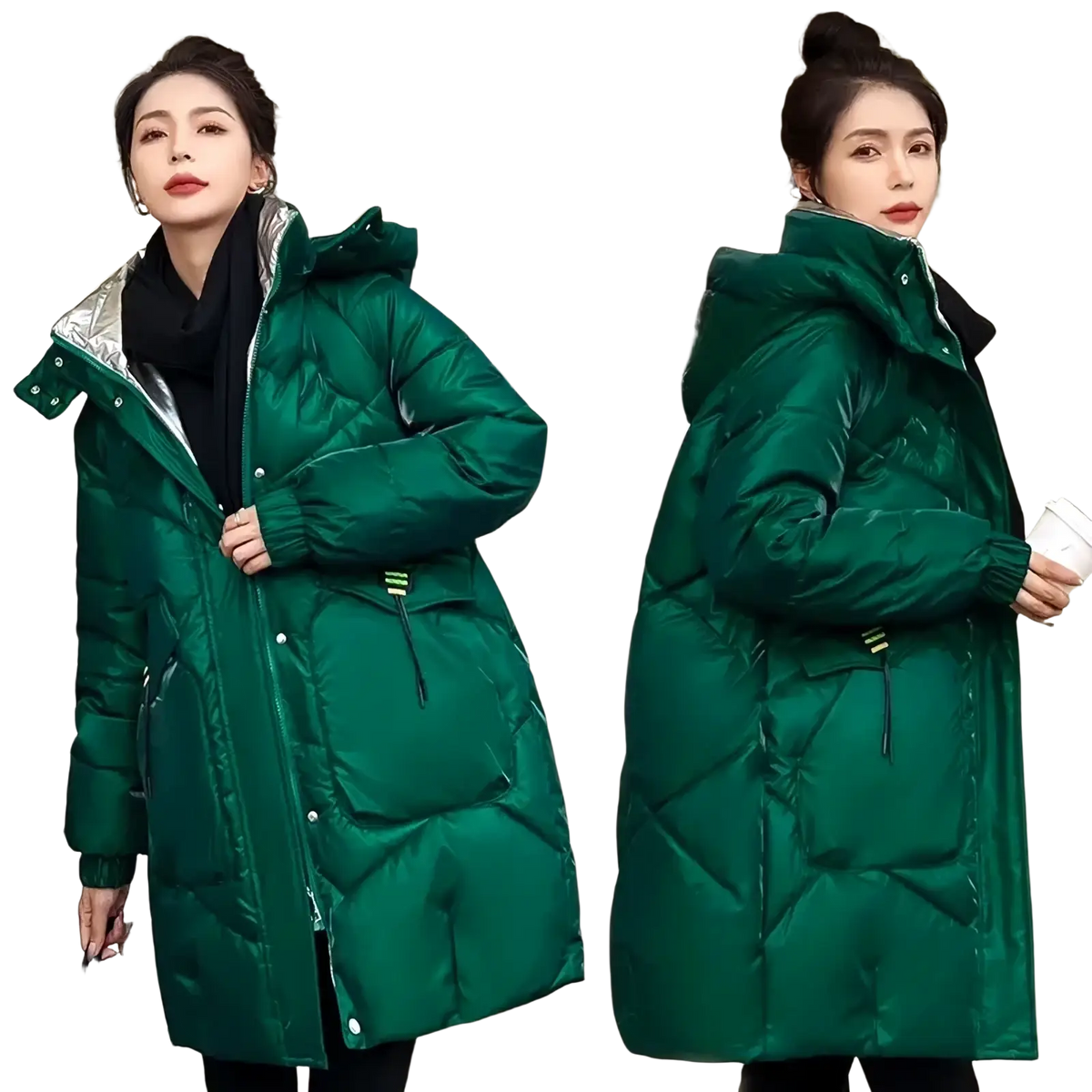 Women’s winter parka thick cotton padded coat in emerald green quilted puffer with shiny silver-lined hood and black lining