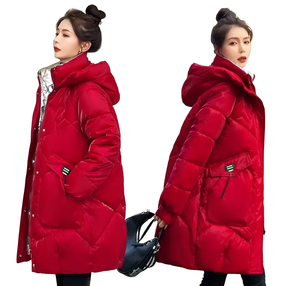 Women’s winter parka thick cotton padded coat in red with quilted puffer design, shiny silver lining, and green-trimmed pockets