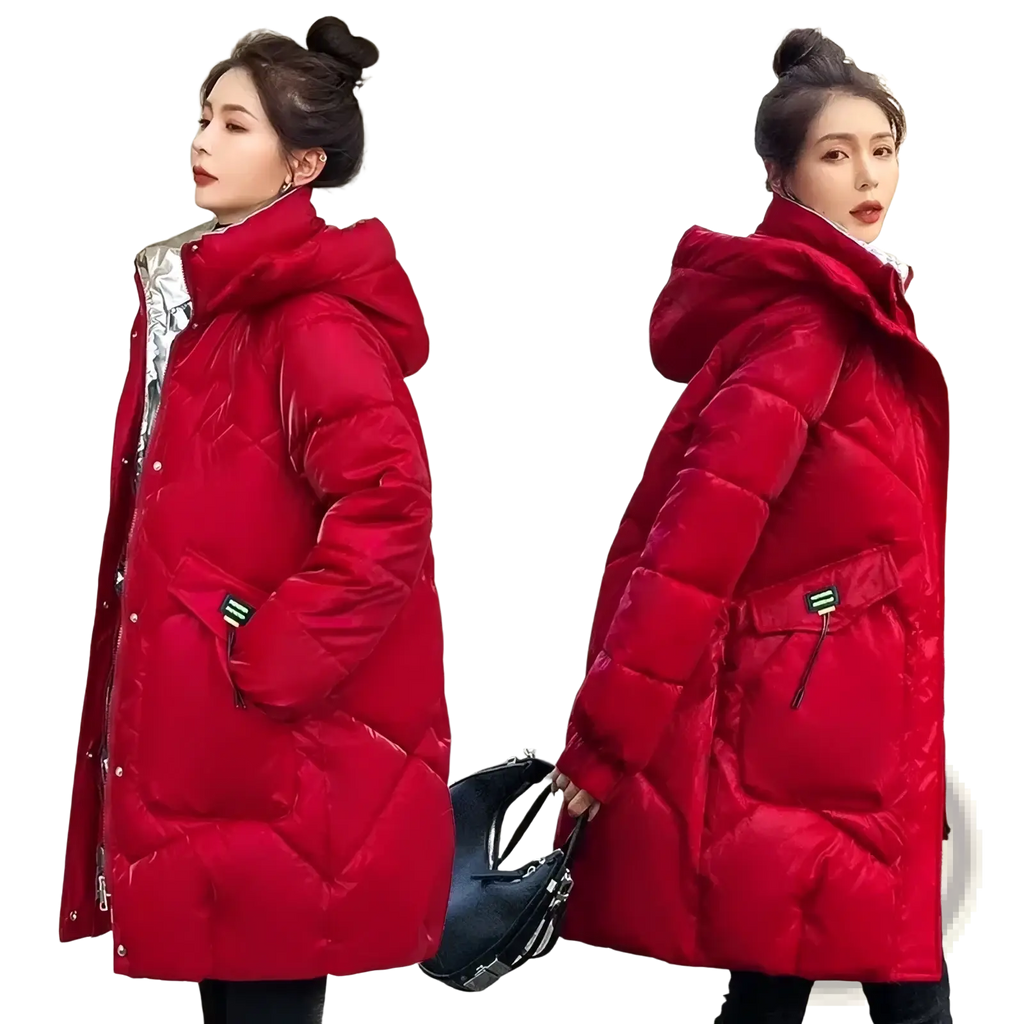 Women’s winter parka red quilted puffer coat with thick cotton padding shiny silver lining and green-trimmed pockets