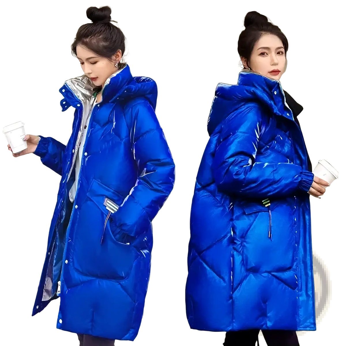 Vibrant royal blue women’s winter parka with thick cotton padding, quilted puffer design, and silver-lined hood