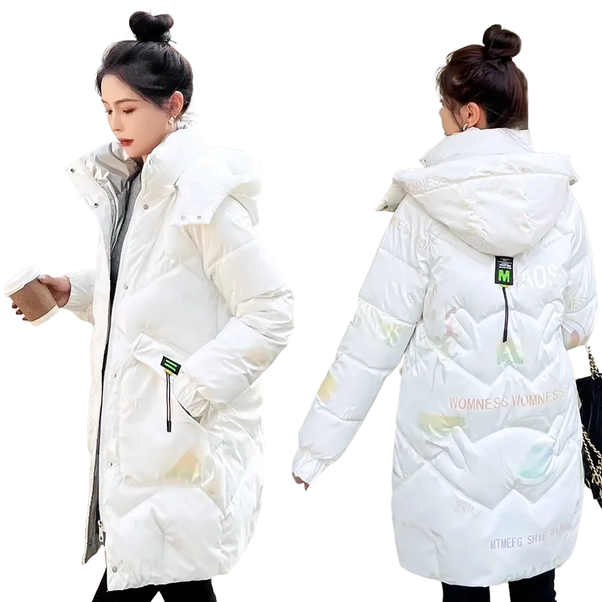 White quilted winter parka coat with hood and thick cotton padding showing subtle iridescent pattern on back