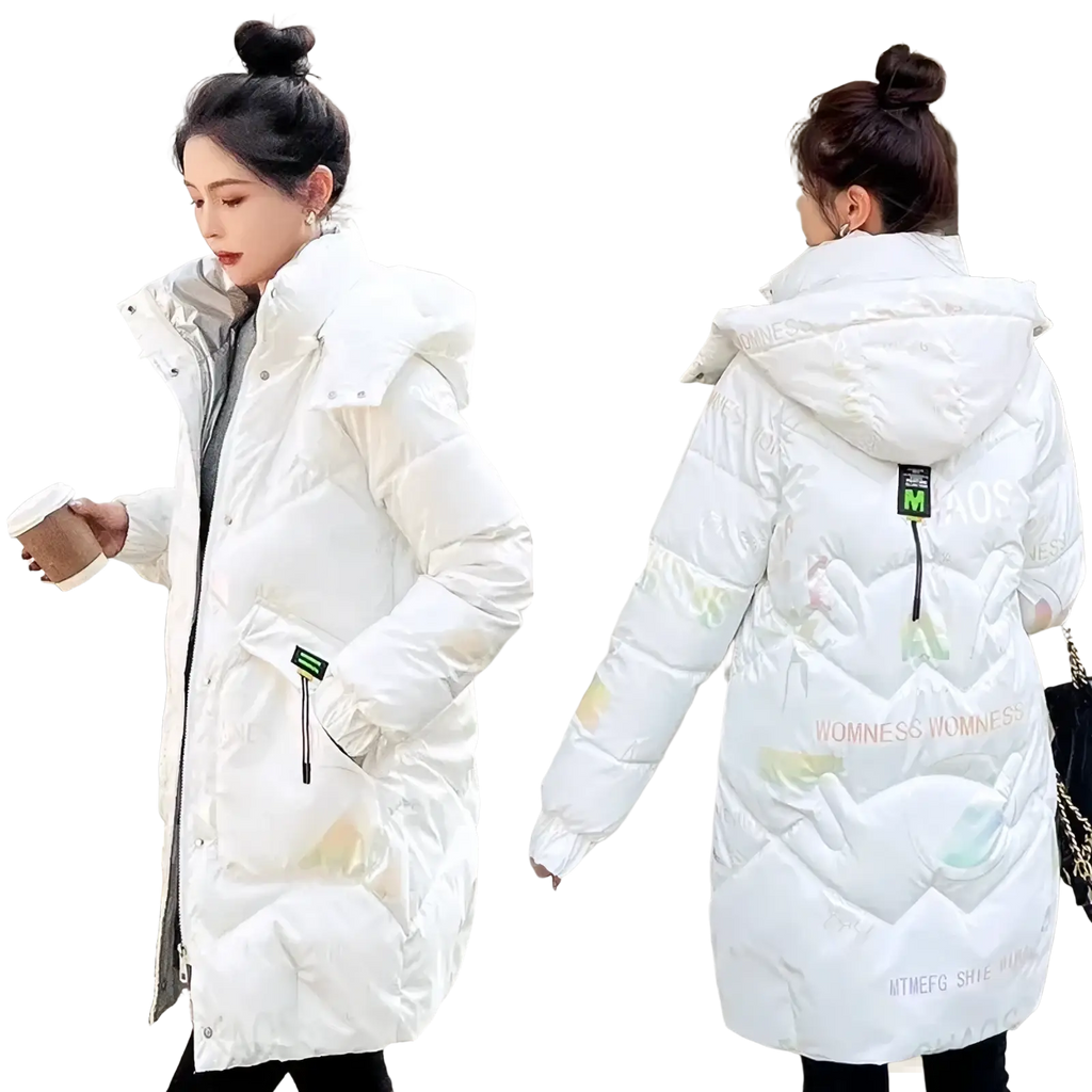 White quilted winter parka with hood and subtle iridescent pattern on the back for women thick cotton padded coat