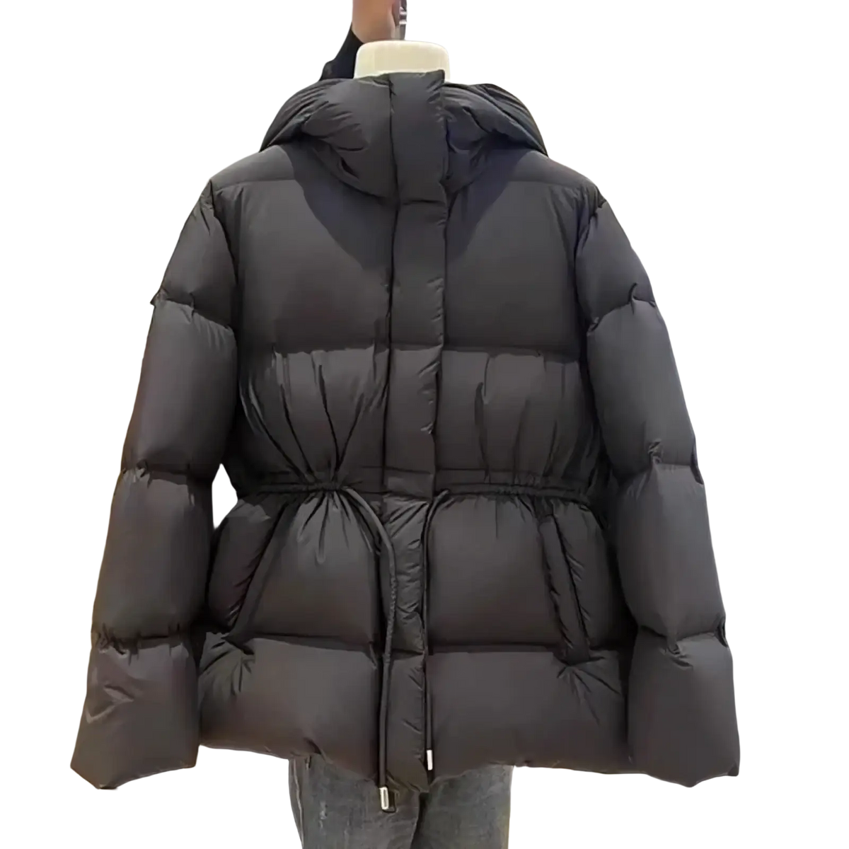 Black women’s winter waterproof puffer parka jacket with hood and drawstring waist shown from the back side