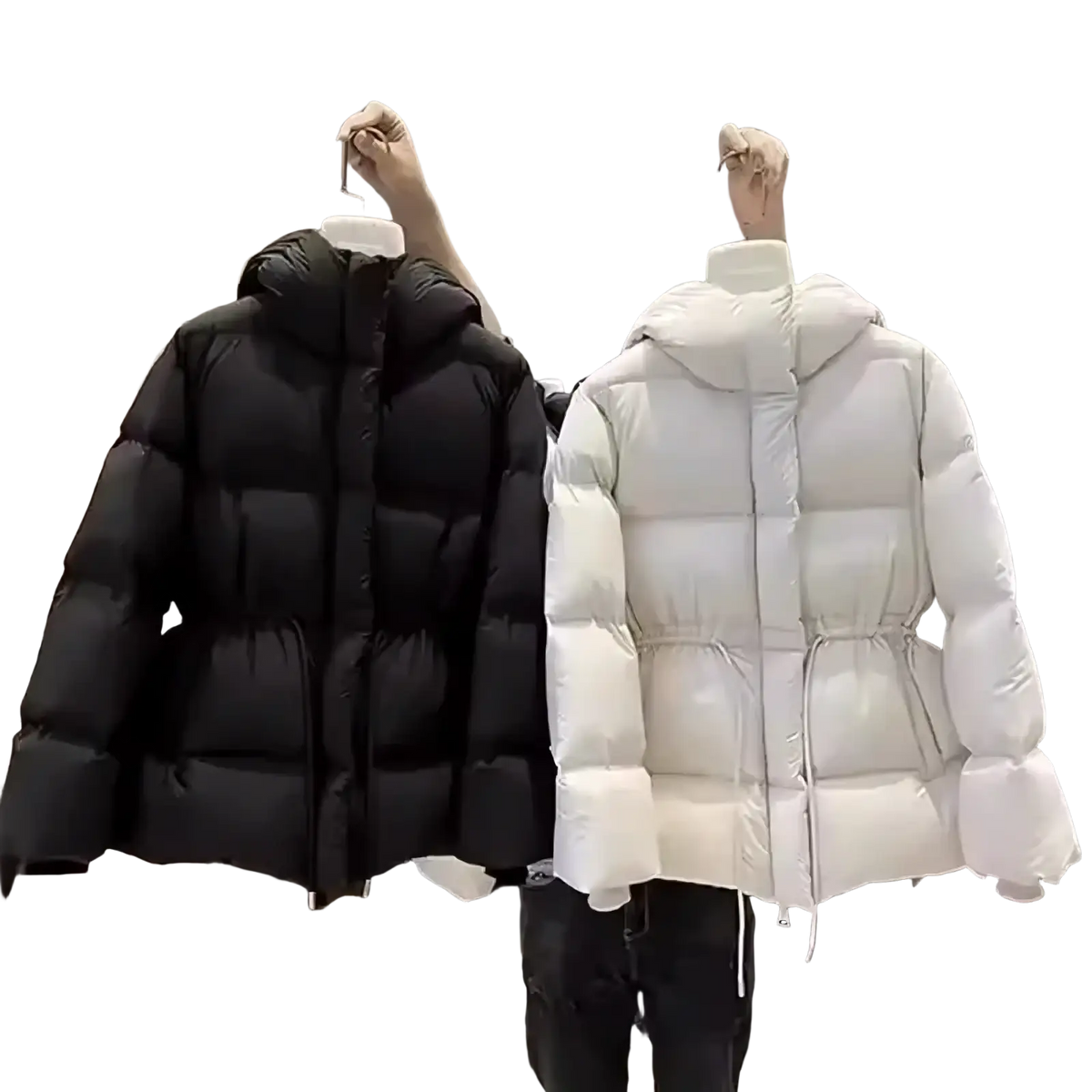 Women’s winter waterproof puffer parka jackets in black and white with quilted design hooded and drawstring waist