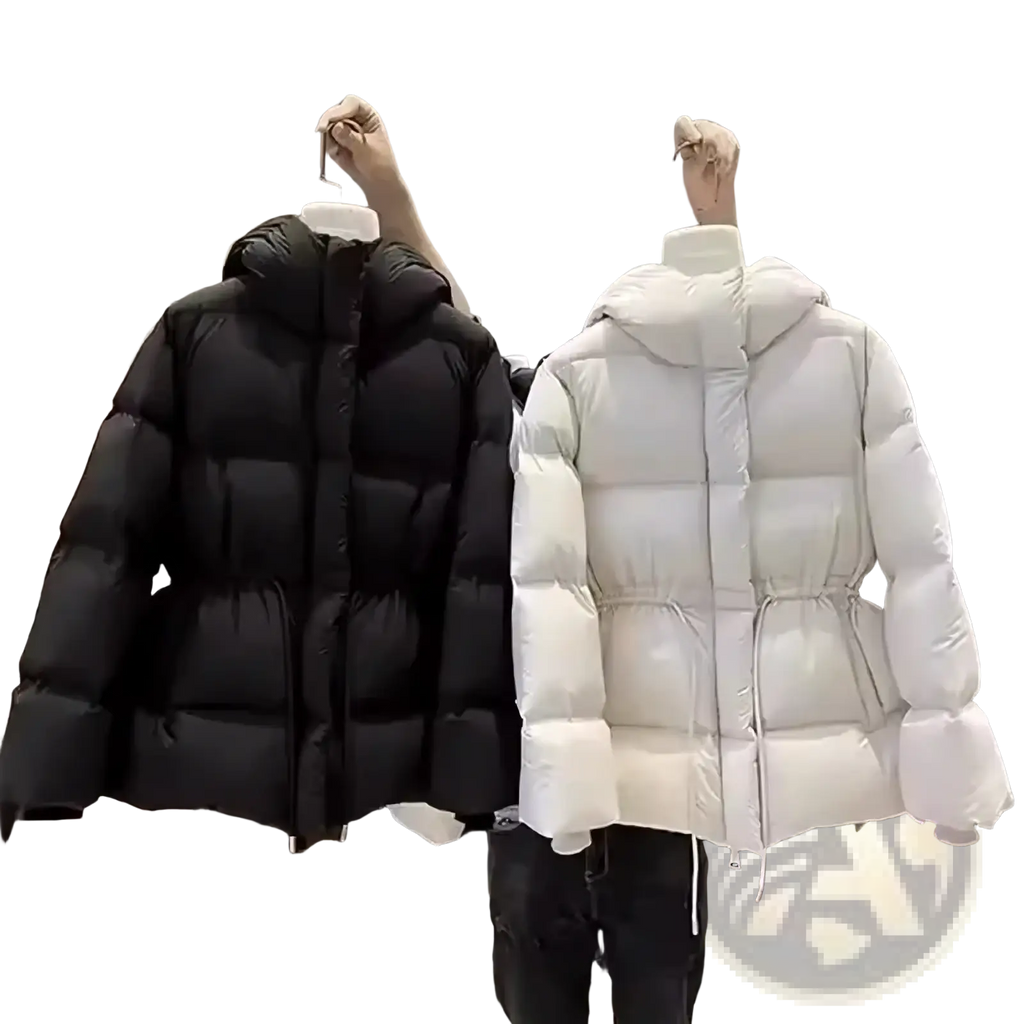 Women’s winter waterproof puffer parka jackets in black and white with quilted design hooded and drawstring waist