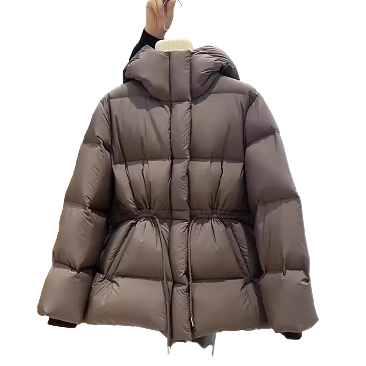 A cozy chocolate-brown quilted waterproof puffer parka jacket for women with hood and drawstring waist