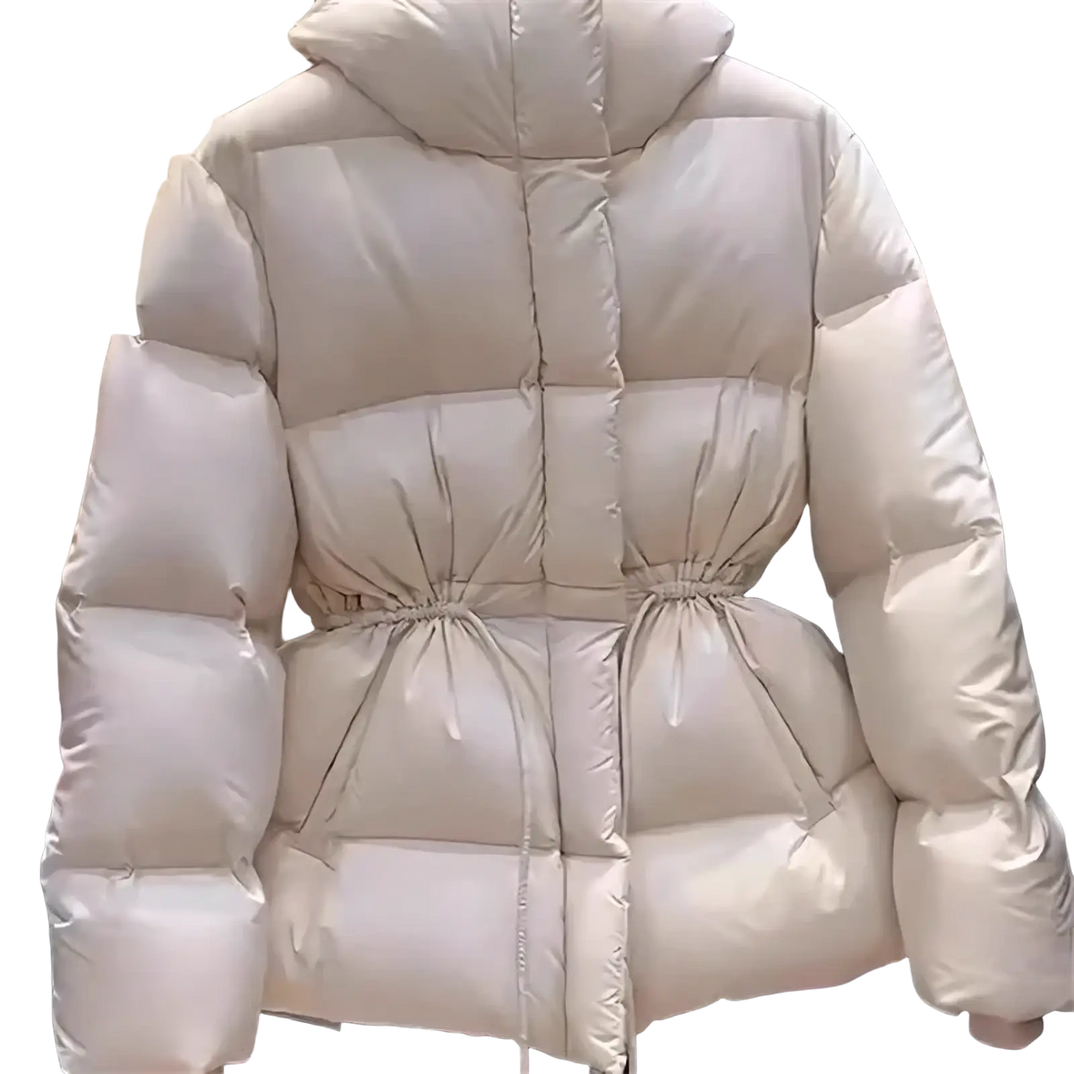 Cream-colored women’s winter waterproof puffer parka jacket with hood and drawstring waistband