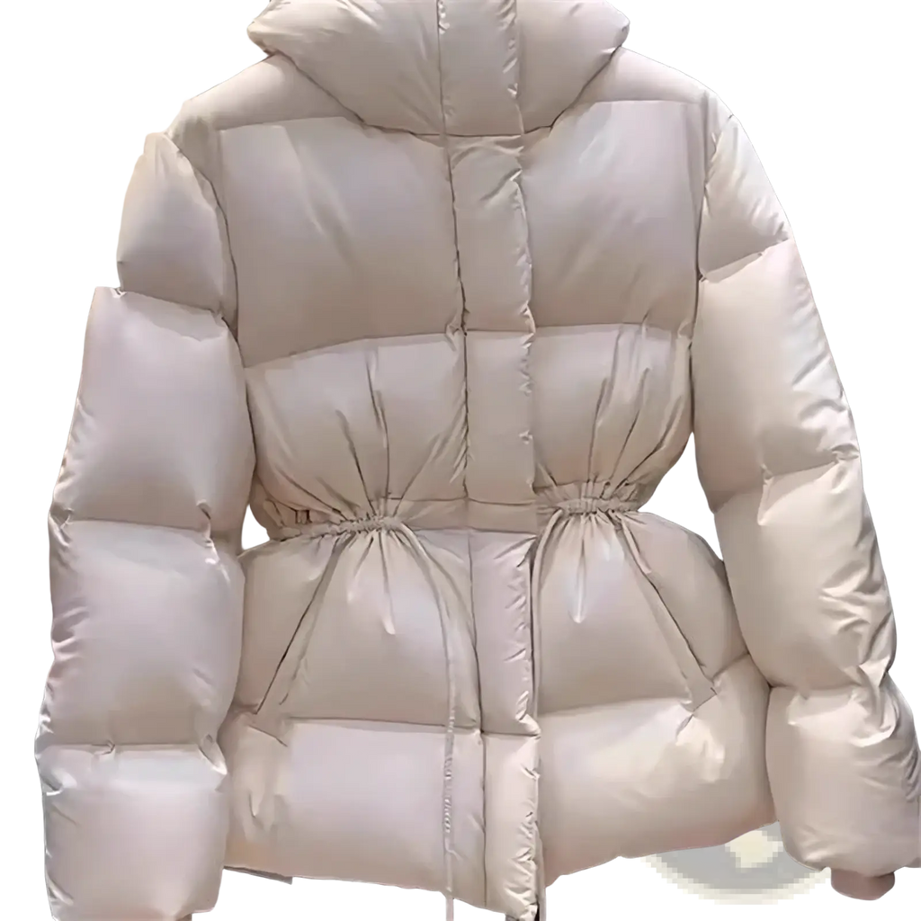 Cream-colored women’s winter waterproof puffer parka jacket with hood and drawstring waistband
