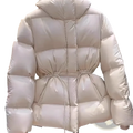 Cream-colored women’s winter waterproof puffer parka jacket with hood and drawstring waistband