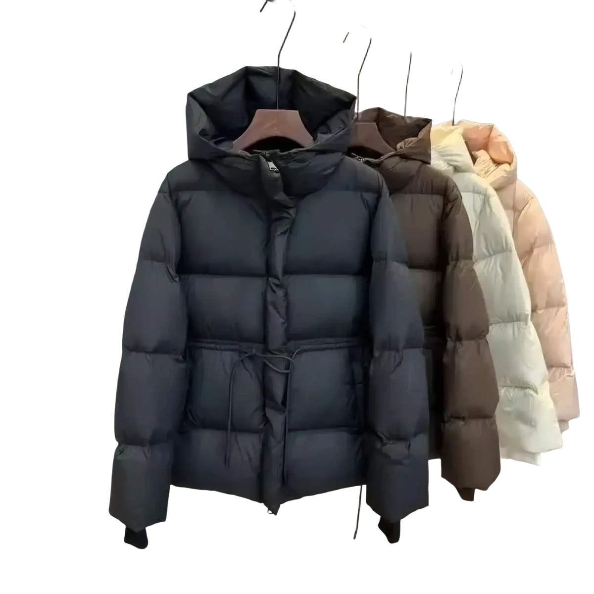 Dark gray quilted down women’s winter waterproof puffer parka jacket with hood and drawstring waist