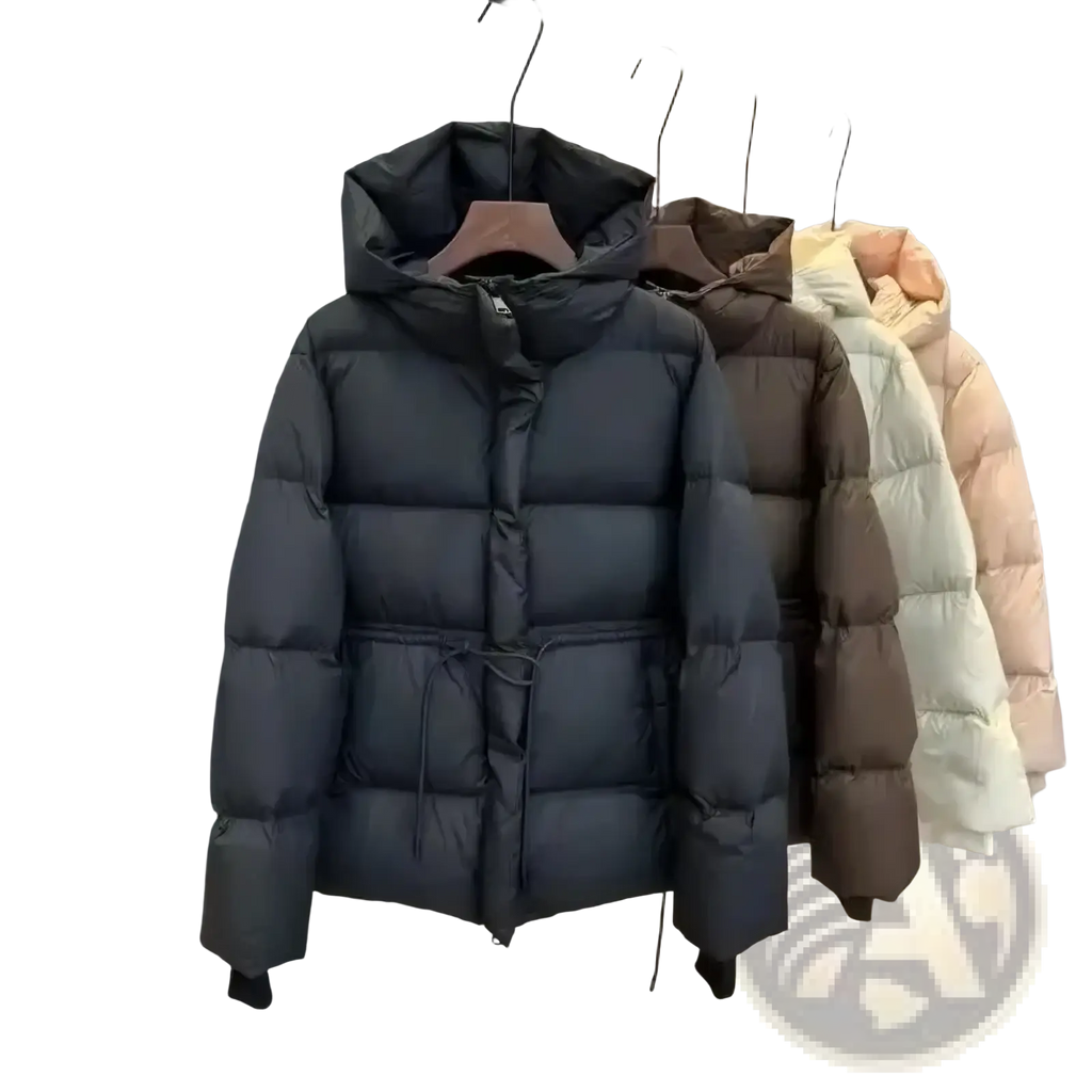Dark gray quilted down women’s winter waterproof puffer parka jacket with hood and drawstring waist