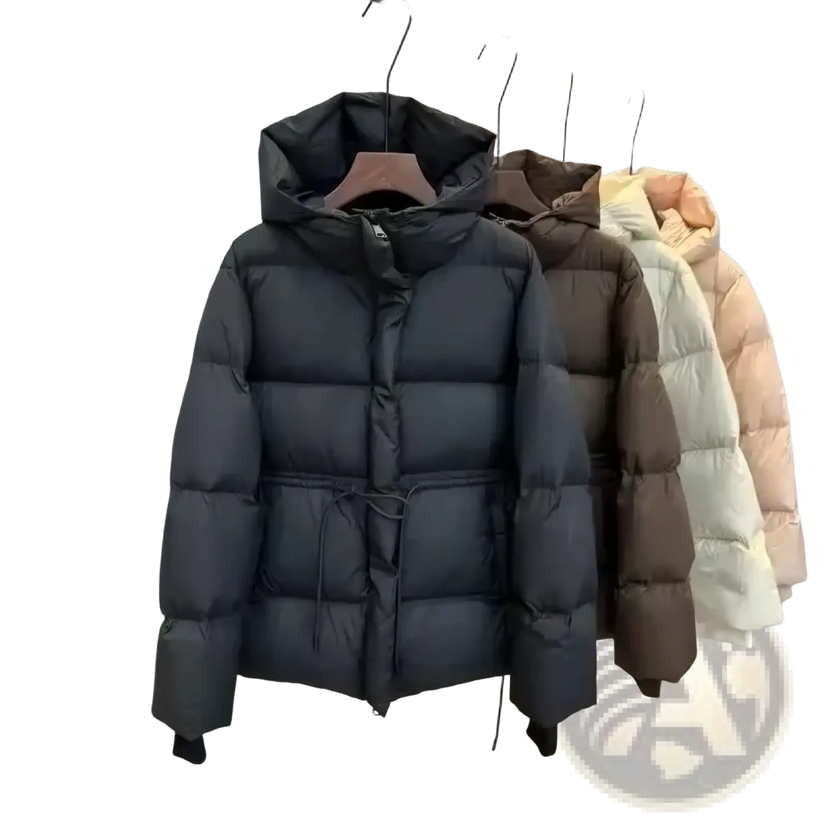 Dark gray quilted down women’s winter waterproof puffer parka jacket with hood and drawstring waist