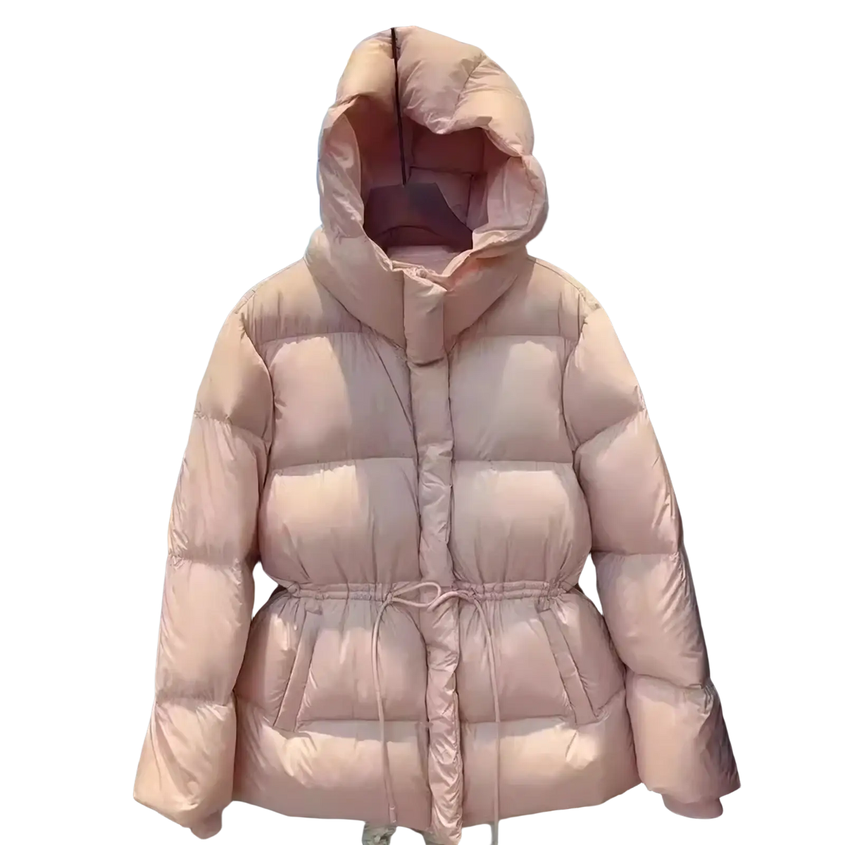 Women’s winter waterproof puffer parka jacket in soft blush pink with quilted design drawstring waistband and matching hood