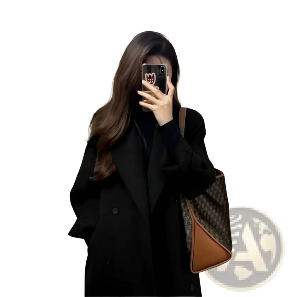 Brown and beige patterned wool tote bag with tan triangular flap complementing womens wool double breasted coat