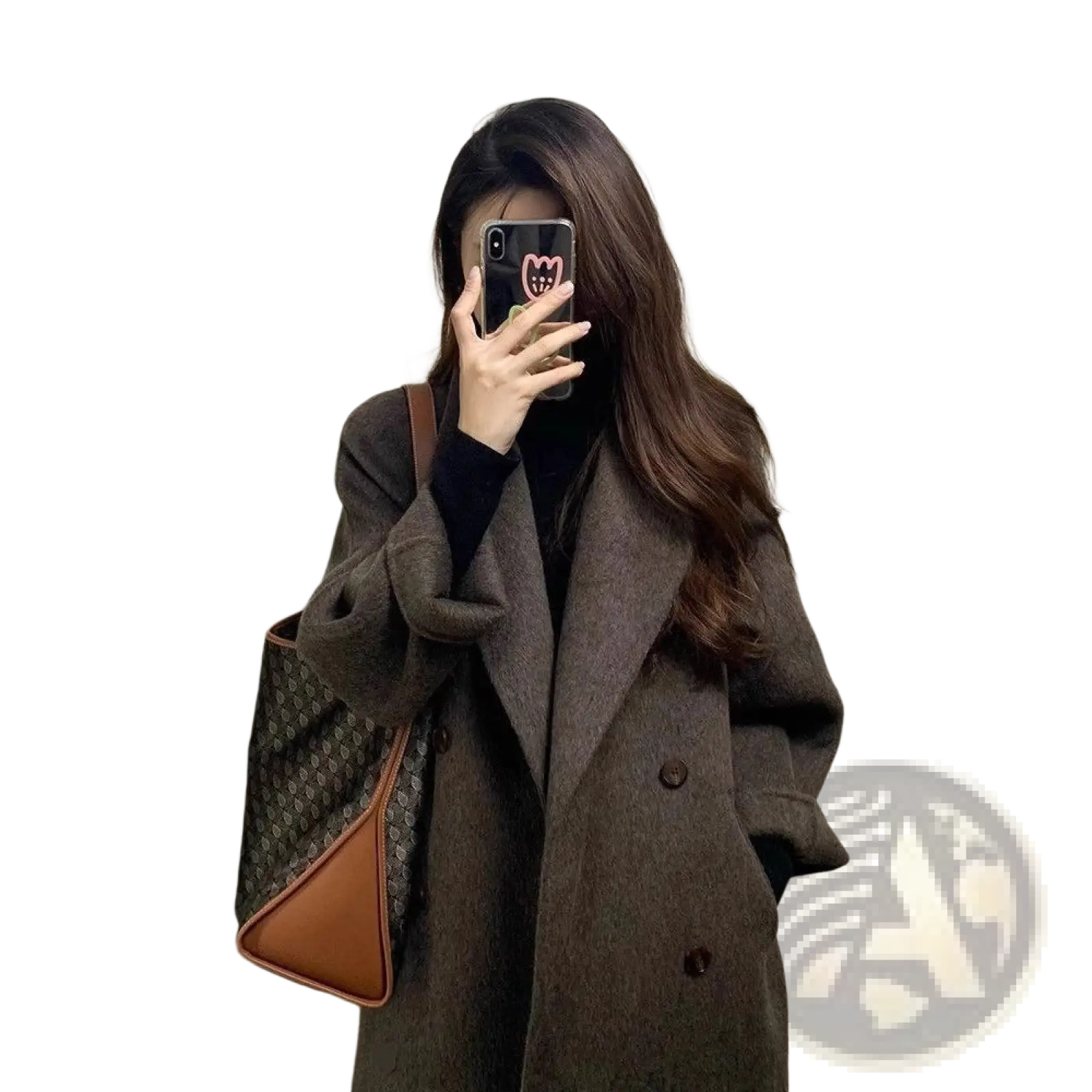 Brown gucci tote bag with signature monogram pattern and tan leather trim paired with women’s wool double breasted coat