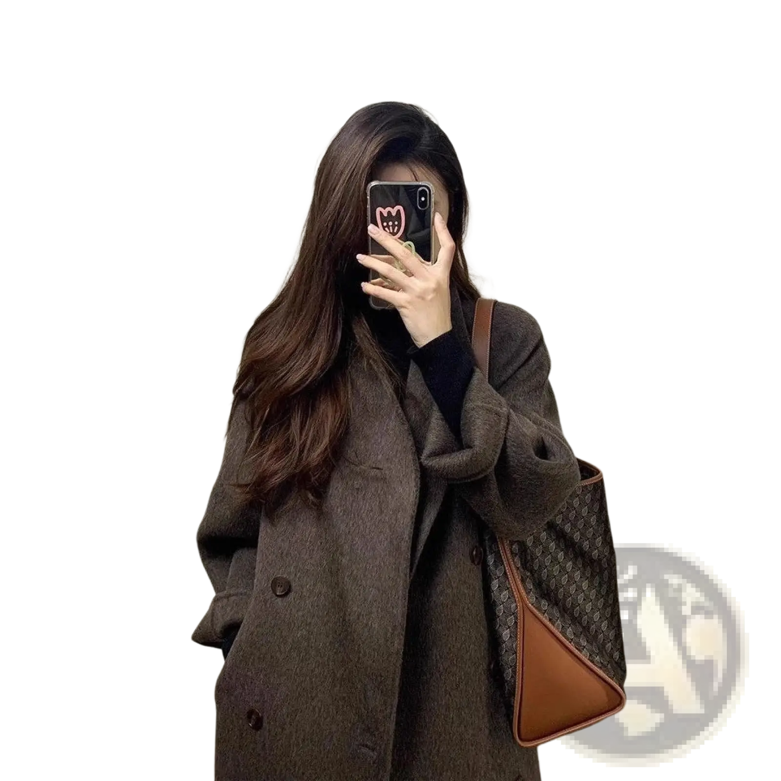 Women’s wool double breasted coat in brown textured fabric with black buttons and matching Gucci monogram tote bag
