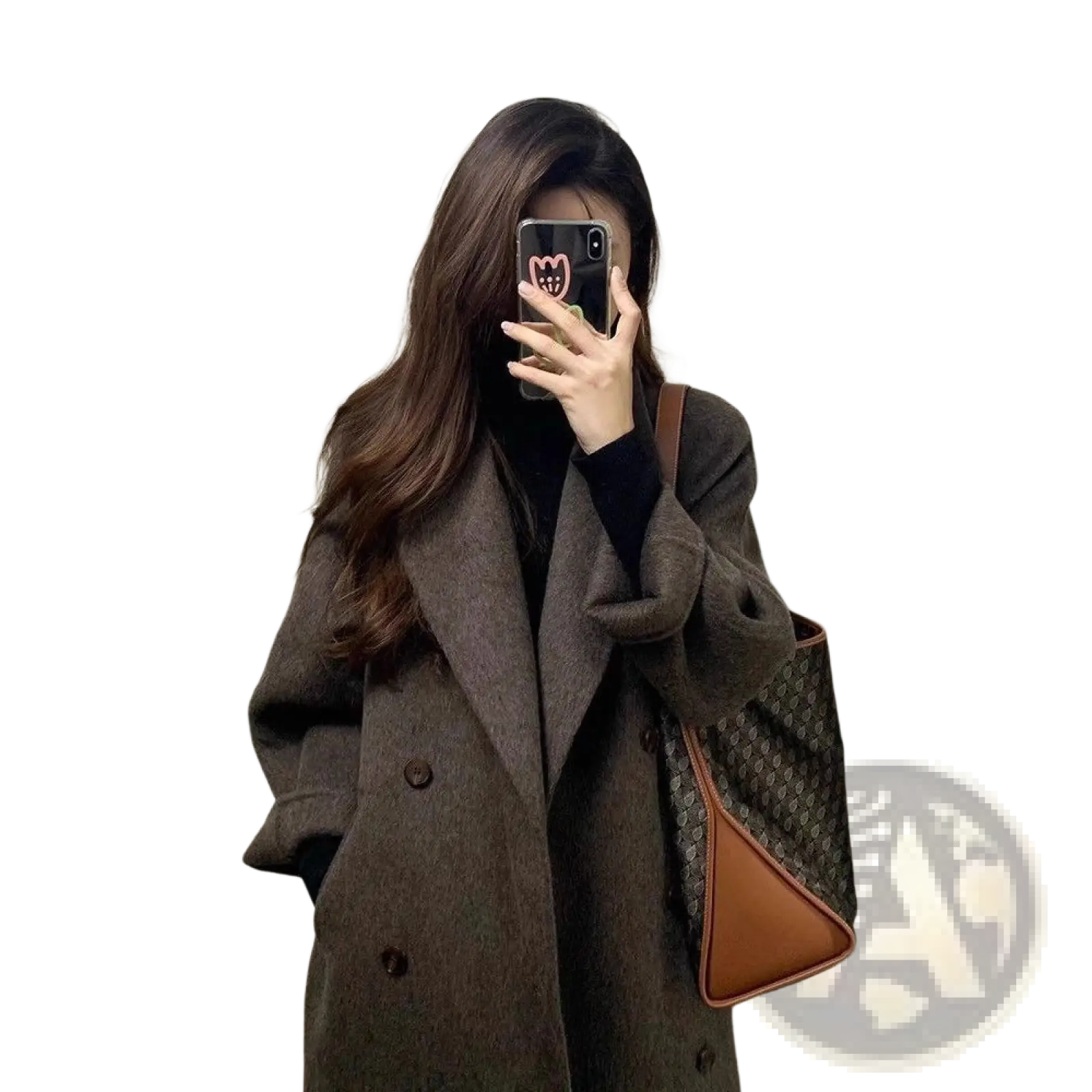 Women’s wool double breasted coat in brown textured fabric with classic design and dark brown buttons