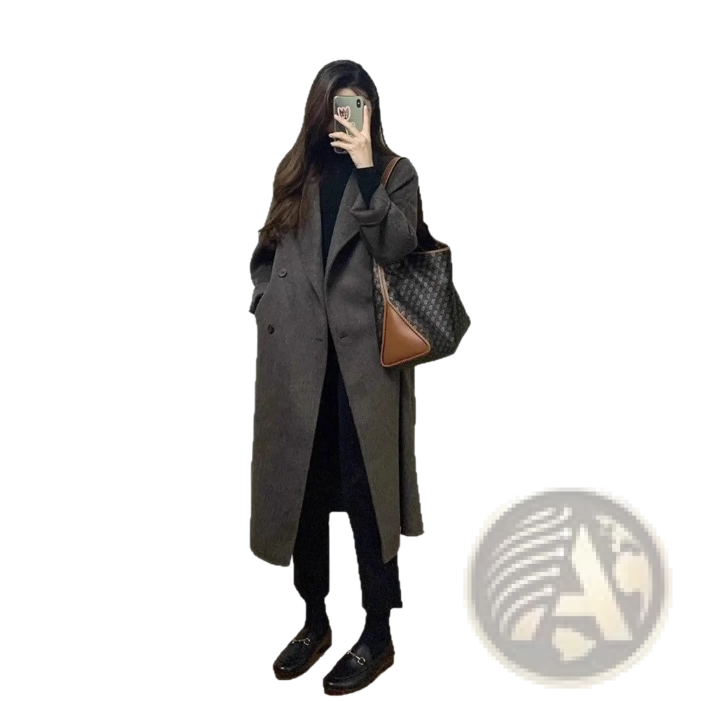 Dark gray woolen women’s trench coat with classic double-breasted design and subtle texture