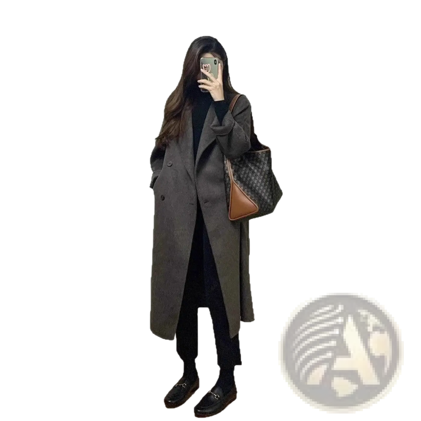 Dark gray woolen women’s trench coat with classic double-breasted design and subtle texture