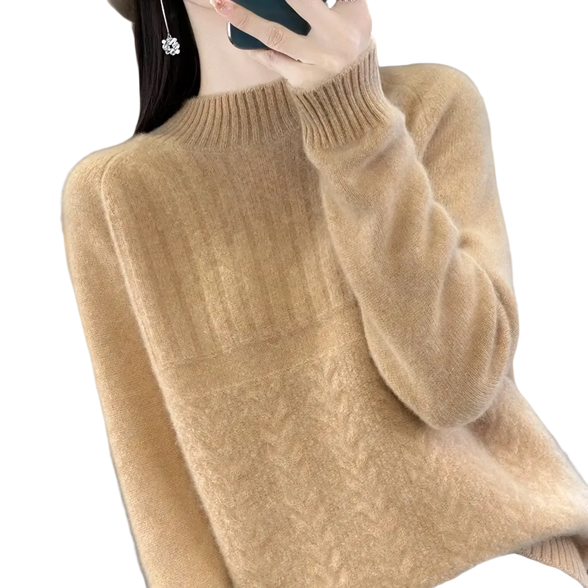 Beige women’s wool knit pullover sweater with soft ribbed crew neckline and long sleeves