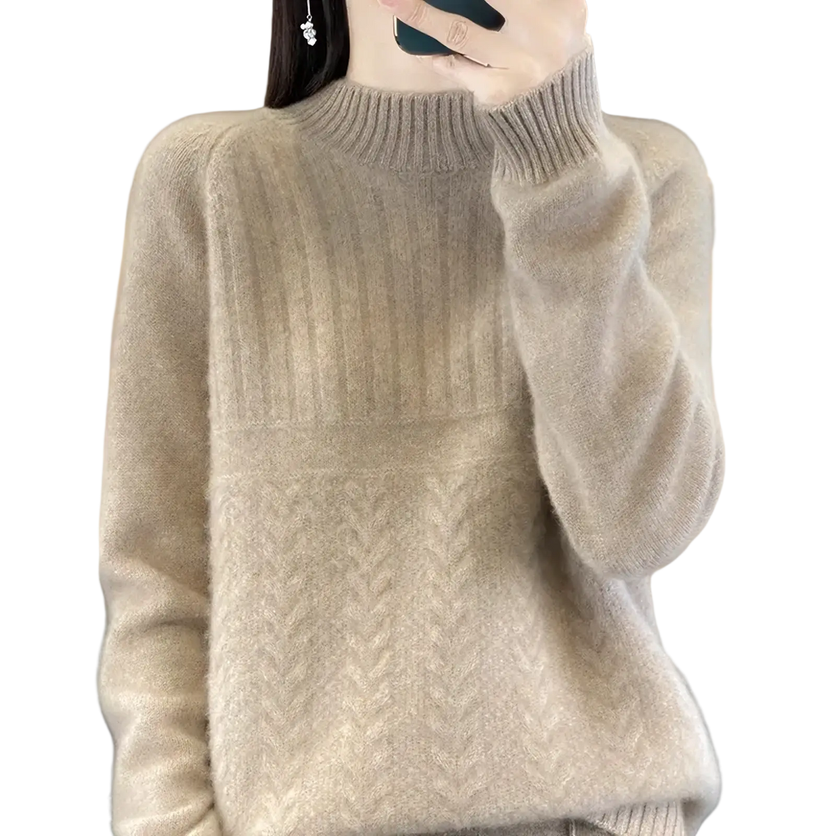 A soft light beige women’s wool knit pullover sweater in cashmere with a ribbed crew neckline and herringbone pattern