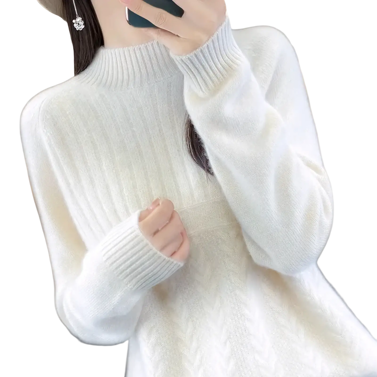 Women’s wool knit pullover sweater in soft off-white with ribbed high neckline and cuffs for cozy wear