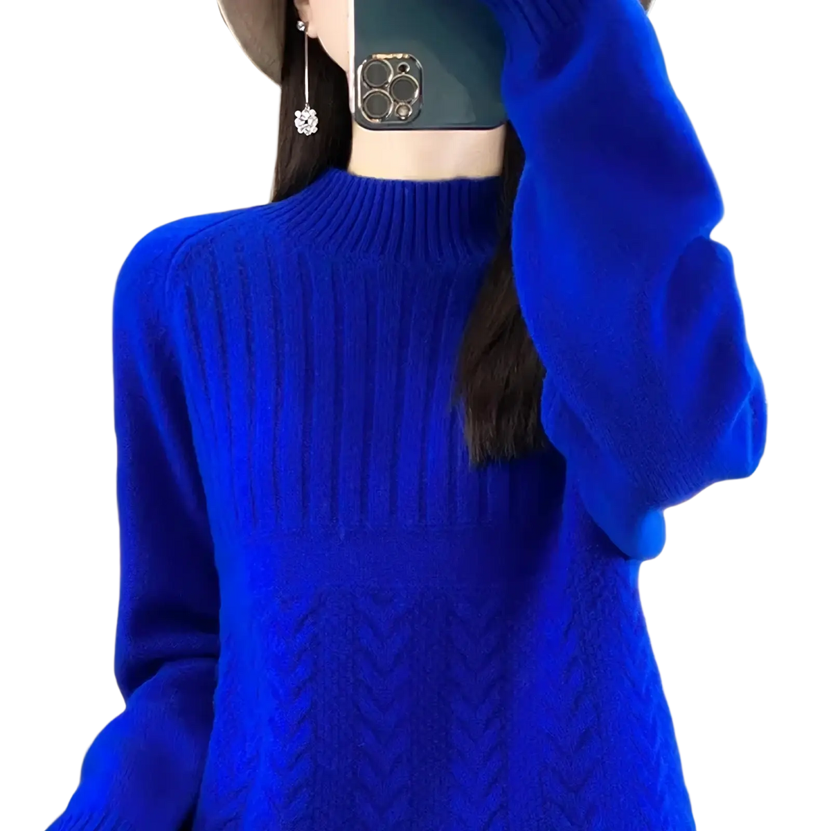 Vibrant royal blue women’s wool knit pullover sweater with ribbed neckline and textured cable knit pattern