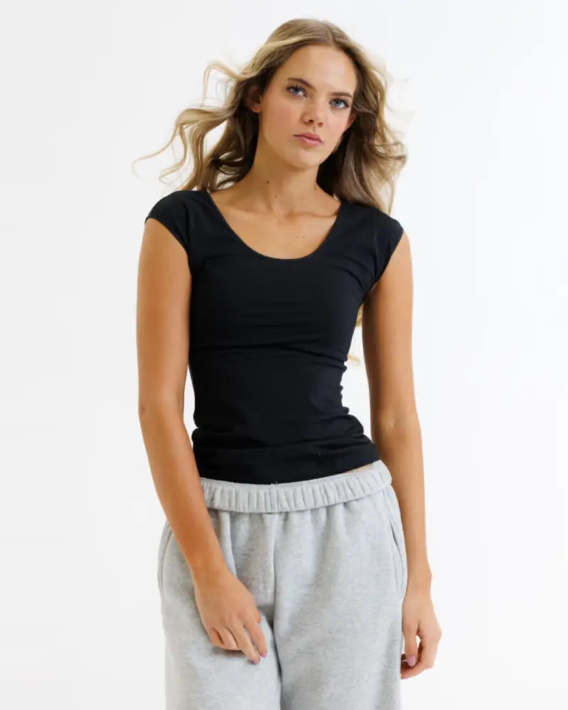 Black short-sleeved scoop neck cotton t-shirt with cap sleeves designed for casual wear