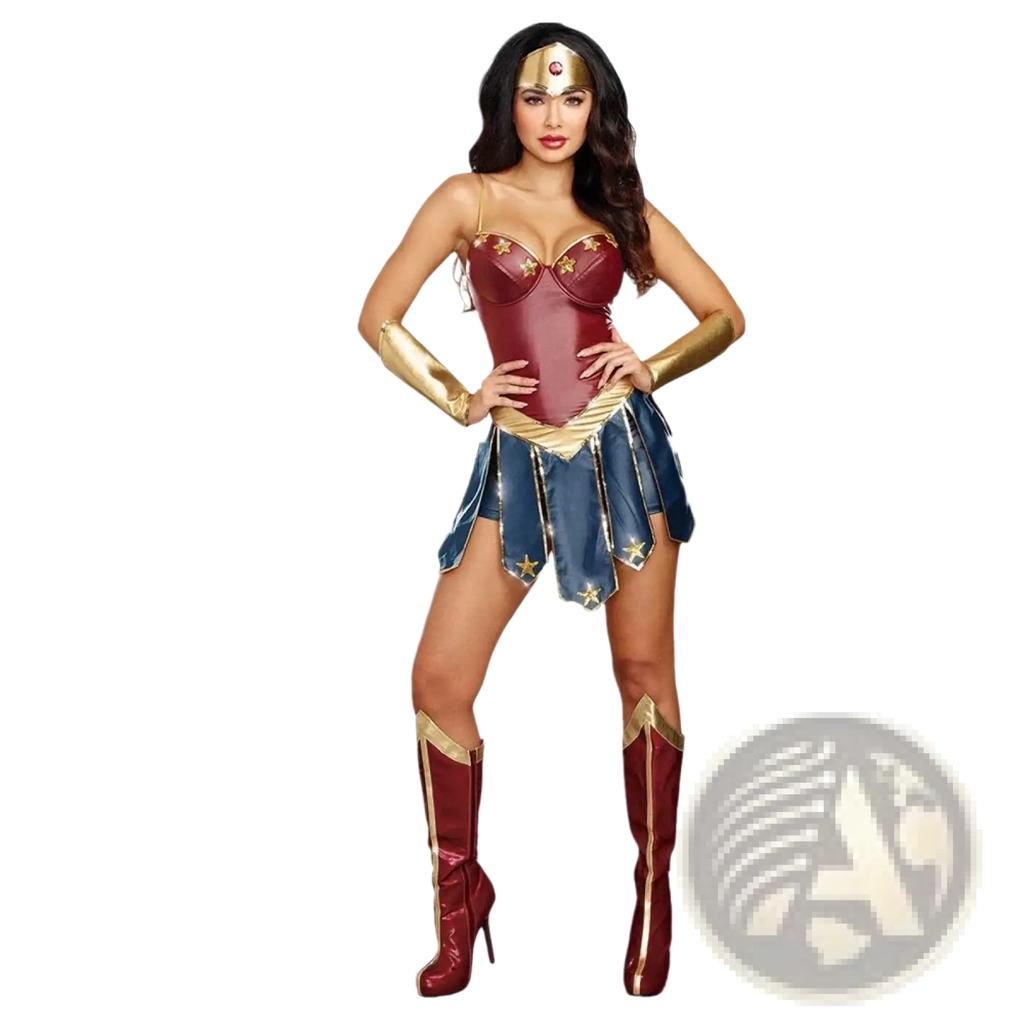 Wonder woman anime cosplay costume adult halloween dress featuring red and gold corset top and blue star skirt