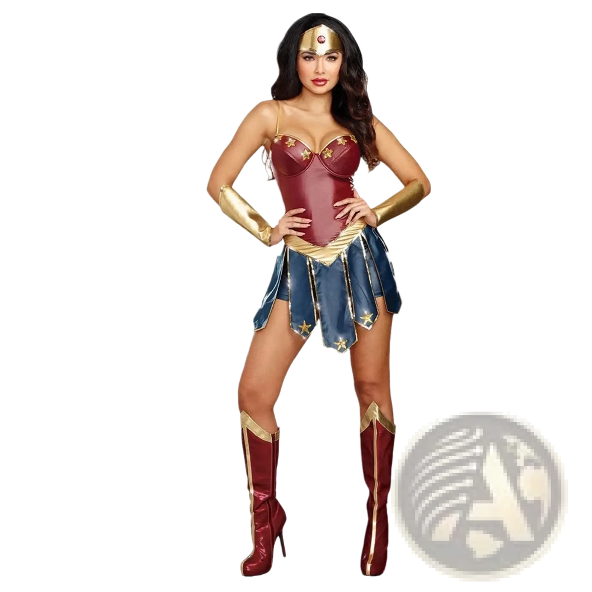 Wonder woman anime cosplay costume adult halloween dress featuring red and gold corset top and blue star skirt