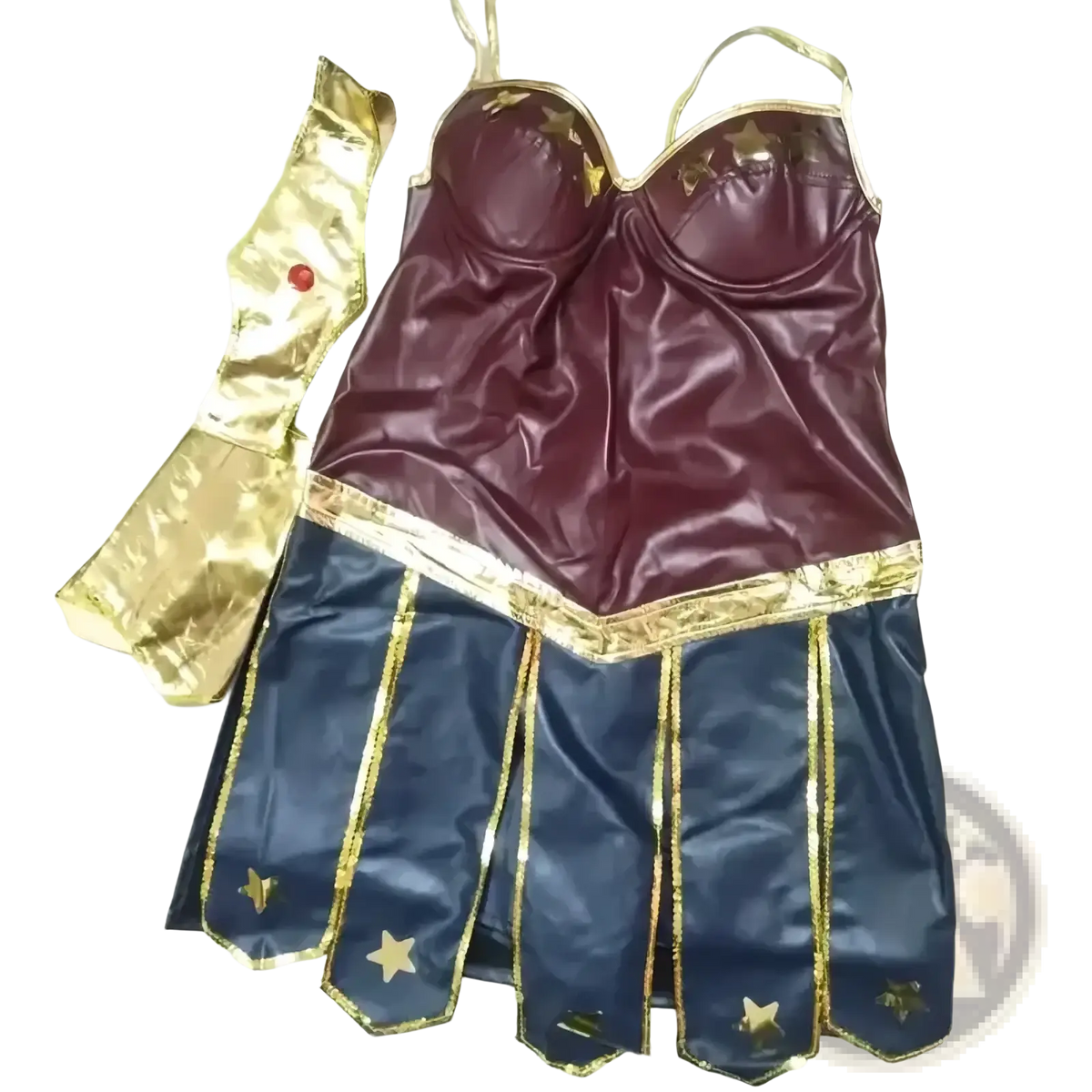Wonder woman anime cosplay costume adult halloween dress in maroon and blue with gold star accents and metallic trim